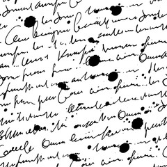 Poster - Abstract text seamless pattern, imitation of script, hand drawn ink vector letters, handwritten script with blots isolated on white background