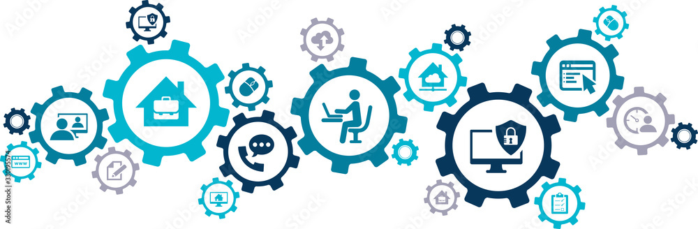 Home office vector illustration. Concept with connected icons related to homeoffice technology, freelance business, working from home - obrazy, fototapety, plakaty 