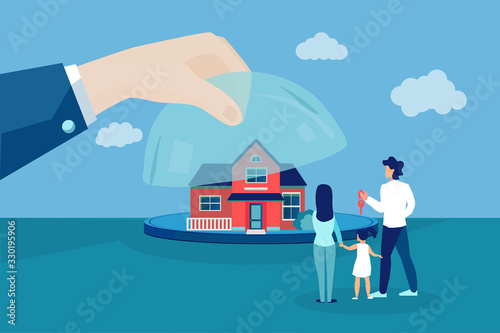 Cuadros en Lienzo Vector of a family looking at a new house offered by real estate agent