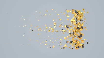 Leinwandbilder - Destroyed black font isolated on gray background with golden fragments. Shattered bold capital letters with hexagonal pattern.