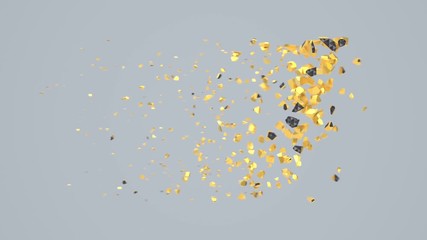 Leinwandbilder - Destroyed black font isolated on gray background with golden fragments. Shattered bold capital letters with hexagonal pattern.