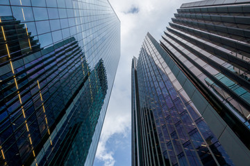 View of London's financial district skyscrapers from below