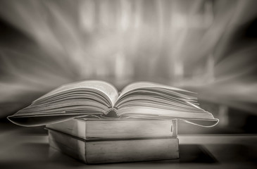 Poster - Imagine opening an old book blurred with magic power on the table and the English alphabet floating above the book with magic light as a beautiful background design.