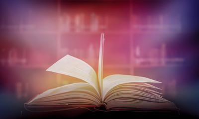 Poster - Imagine opening an old book blurred with magic power on the table and the English alphabet floating above the book with magic light as a beautiful background design.