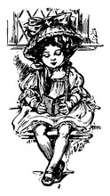 Girl Reading, Child,  Vintage Engraving.