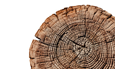 Wall Mural - felled piece of wood from a tree trunk with growth rings isolated on white. natural vintage wood tex