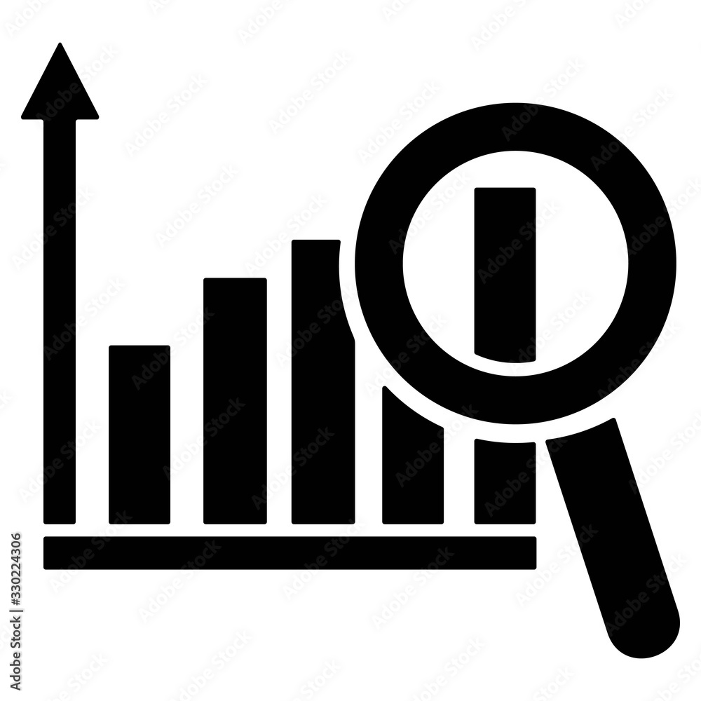 Graph with magnifier illustration. Analytics icon. Statistics, Data Infographics symbol. Growth charts for business performance indicators. Sales, Marketing Reports illustration.