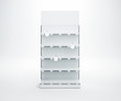 3D image of front view white blank showcase display shelves with topper, wobler, price tags staying on isolated white background