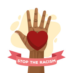 Canvas Print - stop racism international day poster with hand and heart