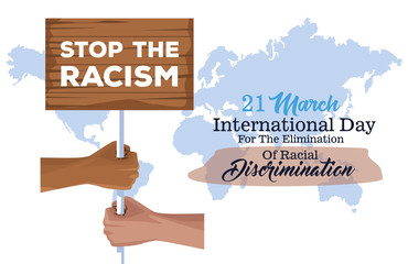 Canvas Print - stop racism international day poster with hands lifting wooden banner