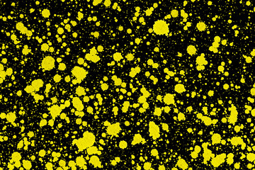 Canvas Print - Yellow ink stains on black paper. Color splashes pattern. Blot splatter background. Spray texture for graphic design.