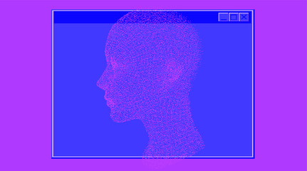 Aufkleber - Pixel art illustration with human head made of particles. Concept illustration of Artificial intelligence, Machine learning and Cybernetics. Vaporwave retrofuturistic style.