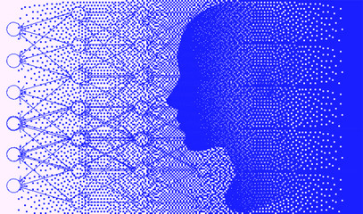 Aufkleber - Pixel art illustration with human head made of particles. Concept illustration of Artificial intelligence, Machine learning and Neural Networks.