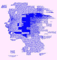 Aufkleber - Glitched and pixelated wireframe of human head. Concept illustration of Artificial intelligence, Machine learning and Cybernetics.