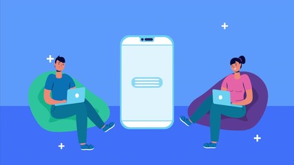 couple using laptops and smartphone with social media icons