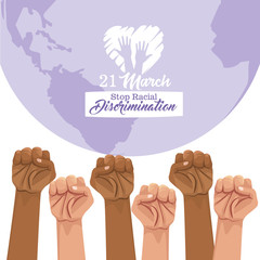 Wall Mural - stop racism international day poster with hands and planet earth