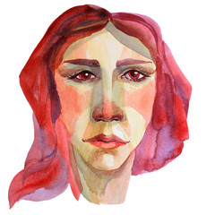 Hand-drawn face of a woman with red hair watercolor illustration isolated on white background