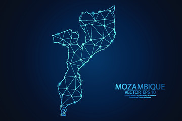 Wall Mural - Abstract mash line and point scales on dark background with map of Mozambique. Wire frame 3D mesh polygonal network line, design sphere, dot and structure. Vector illustration eps 10.