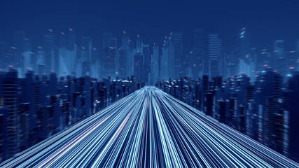 Wall Mural - 3D Rendering of warp speed in hyper loop with blur light from buildings' lights in mega city at night. Concept of next generation technology, fin tech, big data, 5g fast network, machine learning