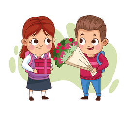 Sticker - couple of little students kids with flowers bouquet