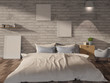 © karunyapas - Clean style white Bedroom interior with blank picture frames mockup. 3D Rendering.