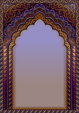 Indian Ornamental Arch. A4 Format, Text Box, Colors Purple And Gold.