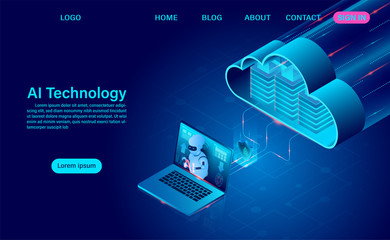 Wall Mural - Artificial intelligence robot technology. system analysis cloud technology and big data processing protecting data security concept. isometric vector neon dark