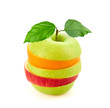 Green apple orange slices fruit stack. Colorful healthy vegetarian vitamin diet concept. Creative fun apple orange citrus fruit. Various mixed fruits for juice isolated on white