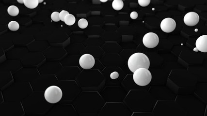 Poster - 3d animation. abstract, futuristic background of many black, moving hexagons and falling white, glow