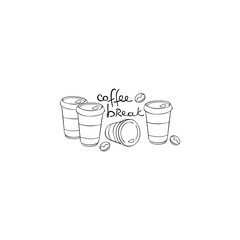 Coffee break. Lettering. Coffee paper cups. Coffee beans. Isolated vector object on a white background.