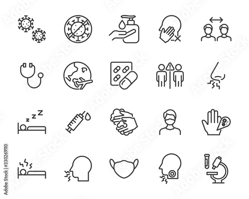 Fotomural set of coronavirus icons, virus, ncov-2019, disease, sickness, illness