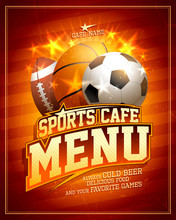 Sports Cafe Menu Card Design Template With Football, Basketball And Rugby Balls