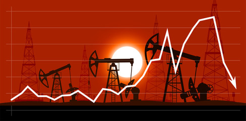 Wall Mural - Industrial landscape of oil production against the background of a graph of falling prices per barrel vector illustration