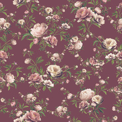  Seamless floral pattern. Vintage blue textile design. Peony flowers