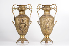 Bronze Vases On A White Background, Ancient Jugs Of Bronze, Bronze Antique Vases Front View, Vintage Vessels Studio Photo, Bronze Amphorae Isolated