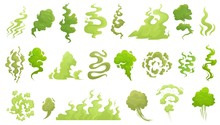 Smelling Smoke. Bad Smell Cloud, Green Stink Aroma And Stinky Smoke Cartoon Vector Illustrartion Set. Smell Cloud And Stink Toxic, Aroma Stench