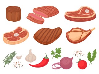 Cartoon beef steaks. Grilled steak, beef meats and filet mignon. Pepper and spices, garlic, onion and tomatoes vector illustration set. Steak and herb ingredient, food for barbecue, tomato and meat