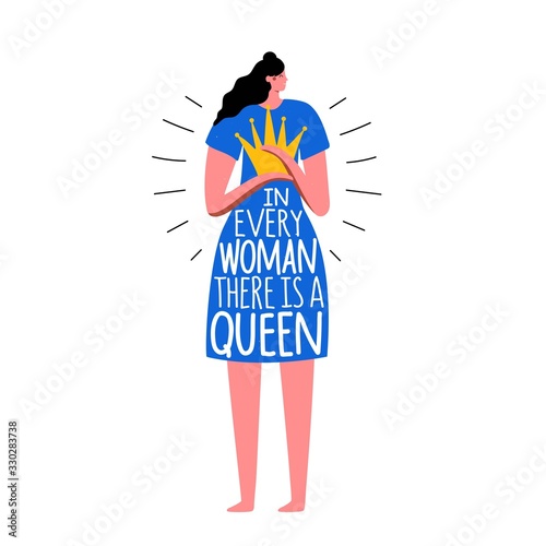 Cuadros en Lienzo Vector illustration with long hair girl in blue dress with yellow crown in hands