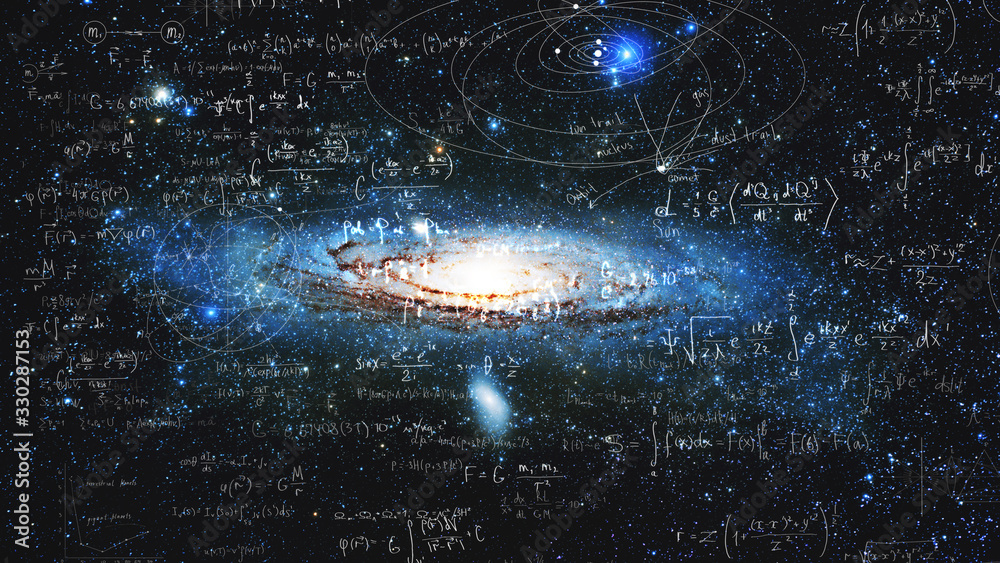 Science and research of the universe, spiral galaxy and physical formulas, concept of knowledge and education - obrazy, fototapety, plakaty 