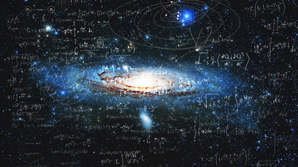 science and research of the universe, spiral galaxy and physical formulas, concept of knowledge and 