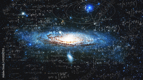 Fotomural Science and research of the universe, spiral galaxy and physical formulas, conce