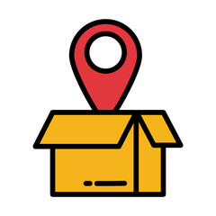 Sticker - cardboard box with pointer of place on white background