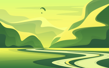 Wall Mural - Mountain landscape with peaceful river valley in the summer. Vector illustration