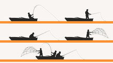 Fisherman In Boat Silhouette Set