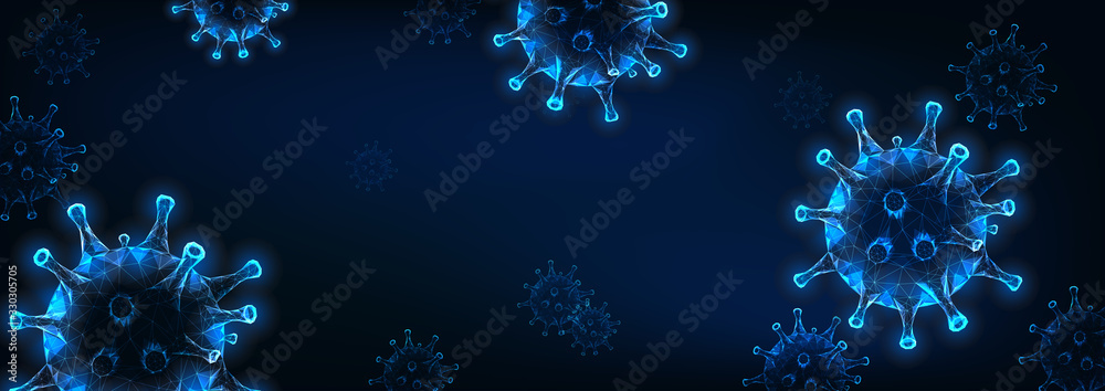 Futuristic Coronavirus web banner template with glowing low poly virus cell on dark blue background. - obrazy, fototapety, plakaty 