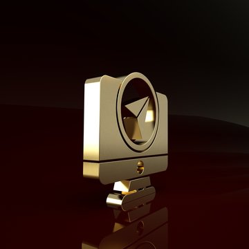 Gold Computer monitor and folded map with location marker icon isolated on brown background. Minimalism concept. 3d illustration 3D render