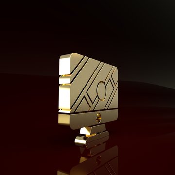 Gold Computer monitor and folded map with location marker icon isolated on brown background. Minimalism concept. 3d illustration 3D render