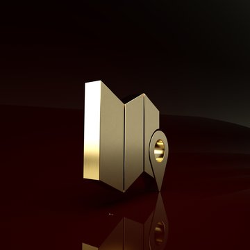Gold Folded map with location marker icon isolated on brown background. Minimalism concept. 3d illustration 3D render