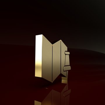 Gold Folded map with push pin icon isolated on brown background. Minimalism concept. 3d illustration 3D render