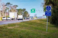 An Emergency Information Sign Along I-95 Outside Of Edgewater, Florida Indicates The Direction Of Travel For Escaping A Pending Hurricane